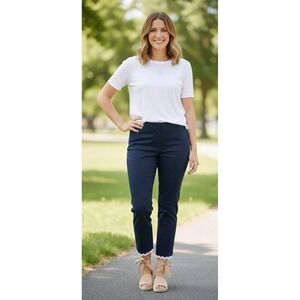 Talbots Slim Crop Pants Size 12 Navy White Trim Nautical Textured 34x25 NWOT
